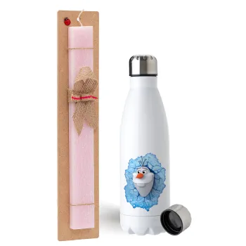 Frozen Olaf, Easter Set, metallic stainless steel water bottle (750ml) & scented flat Easter candle (30cm) (PINK)