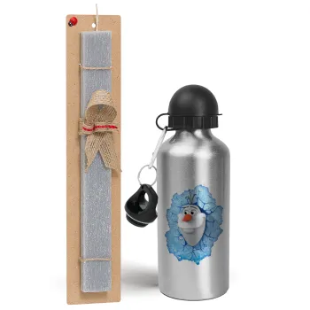 Frozen Olaf, Easter Set, metallic silver aluminum water bottle (500ml) & aromatic flat Easter candle (30cm) (GRAY)