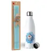 Easter Set, metallic stainless steel water bottle (750ml) & aromatic flat Easter candle (30cm) (TURQUOISE)
