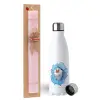 Easter Set, metallic stainless steel water bottle (750ml) & scented flat Easter candle (30cm) (PINK)