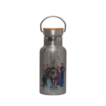 Frozen, Μεταλλικό παγούρι θερμός (Stainless steel) Ασημένιο με ξύλινο καπακι (bamboo), διπλού τοιχώματος, 350ml