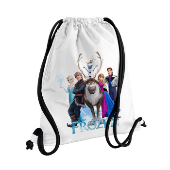 Frozen, Τσάντα πλάτης πουγκί GYMBAG λευκή, με τσέπη (40x48cm) & χονδρά κορδόνια
