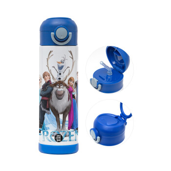 Frozen, Παιδικό παγούρι θερμό, ανοξείδωτο, με καλαμάκι ασφαλείας, ΜΠΛΕ (500ml)