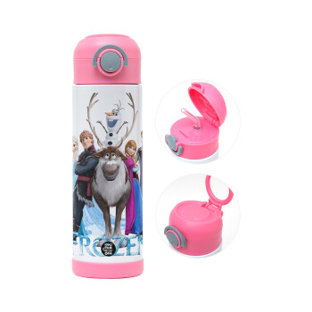 Frozen, Παιδικό παγούρι θερμό, ανοξείδωτο, με καλαμάκι ασφαλείας, ΡΟΖ (500ml)
