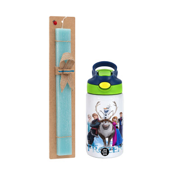 Frozen, Easter Set, Children's thermal stainless steel bottle with safety straw, green/blue (350ml) & aromatic flat Easter candle (30cm) (TURQUOISE)