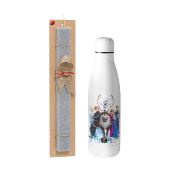 Frozen, Easter Set, metallic stainless thermos bottle (500ml) & scented flat Easter candle (30cm) (GRAY)
