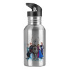 Water bottle Silver with straw, stainless steel 600ml