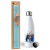 Easter Set, metallic stainless steel water bottle (750ml) & aromatic flat Easter candle (30cm) (TURQUOISE)