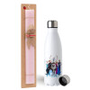 Easter Set, metallic stainless steel water bottle (750ml) & scented flat Easter candle (30cm) (PINK)