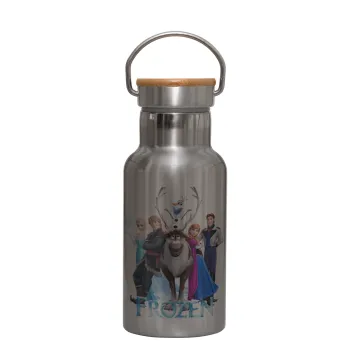 Frozen, Μεταλλικό παγούρι θερμός (Stainless steel) Ασημένιο με ξύλινο καπακι (bamboo), διπλού τοιχώματος, 350ml