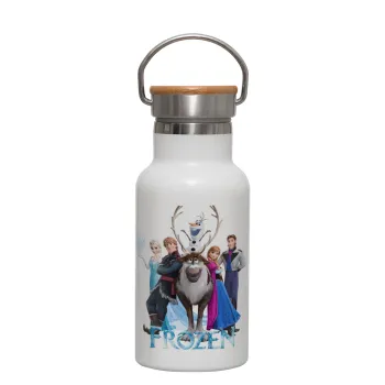 Frozen, Metallic thermos (Stainless steel) White with wooden lid (bamboo), double-walled, 350ml