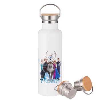 Frozen, Μεταλλικό παγούρι θερμός (Stainless steel) Λευκό με ξύλινο καπάκι (bamboo), διπλού τοιχώματος, 750ml