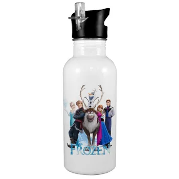 Frozen, Παγούρι νερού Λευκό με καλαμάκι, ανοξείδωτο ατσάλι 600ml