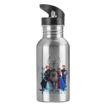 Frozen, Water bottle Silver with straw, stainless steel 600ml