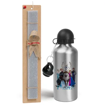 Frozen, Easter Set, metallic silver aluminum water bottle (500ml) & aromatic flat Easter candle (30cm) (GRAY)