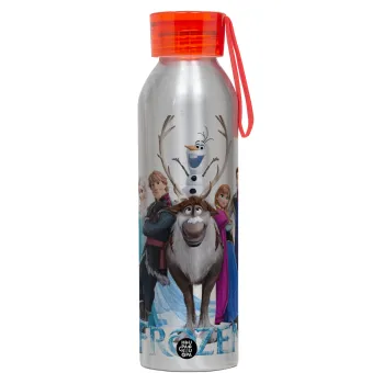 Frozen, Αλουμινένιο Αθλητικό Μπουκάλι 650ml – Ασημί με Κόκκινο Καπάκι και Λουράκι Σιλικόνης