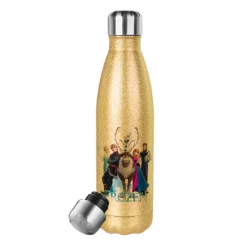 Frozen, Glitter gold stainless steel thermos bottle, double-walled, 500ml