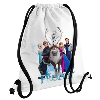 Frozen, Τσάντα πλάτης πουγκί GYMBAG λευκή, με τσέπη (40x48cm) & χονδρά κορδόνια