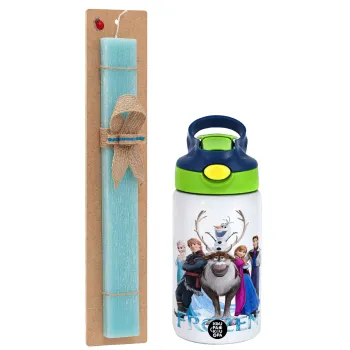 Frozen, Easter Set, Children's thermal stainless steel bottle with safety straw, green/blue (350ml) & aromatic flat Easter candle (30cm) (TURQUOISE)