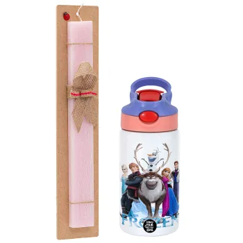 Frozen, Easter Set, Children's thermal stainless steel water bottle with safety straw, pink/purple (350ml) & Easter scented flat candle (30cm) (PINK)