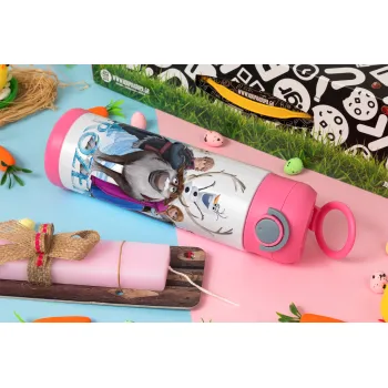 Frozen, Πασχαλινή Λαμπάδα με Παιδικό παγούρι θερμό, ανοξείδωτο, με καλαμάκι ασφαλείας, ΡΟΖ (500ml)