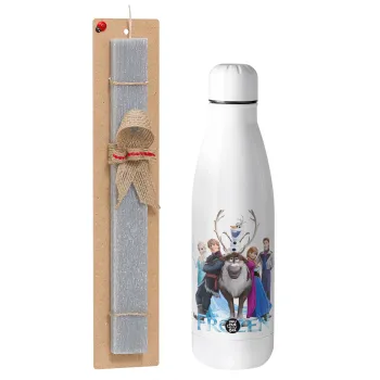 Frozen, Easter Set, metallic stainless thermos bottle (500ml) & scented flat Easter candle (30cm) (GRAY)