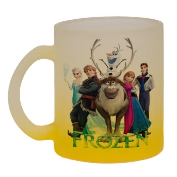 Frozen, Κούπα γυάλινη δίχρωμη με βάση το κίτρινο ματ, 330ml