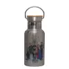 Stainless steel metallic thermos flask, silver with a bamboo lid, double-walled, 350ml.
