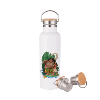 Vaiana, Μεταλλικό παγούρι θερμός (Stainless steel) Λευκό με ξύλινο καπάκι (bamboo), διπλού τοιχώματος, 750ml