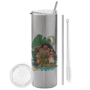 Vaiana, Eco friendly stainless steel Silver tumbler 600ml, with metal straw & cleaning brush