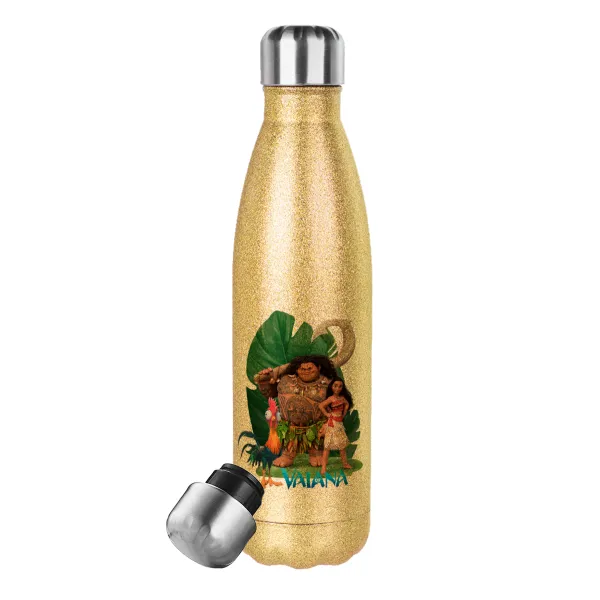 Vaiana — Glitter gold stainless steel thermos bottle, double-walled, 500ml
