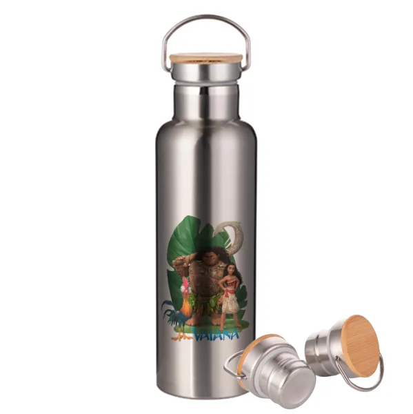 Vaiana — Stainless steel Silver with wooden lid (bamboo), double wall, 750ml