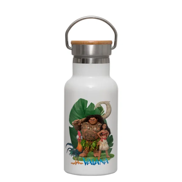Vaiana — Metallic thermos (Stainless steel) White with wooden lid (bamboo), double-walled, 350ml