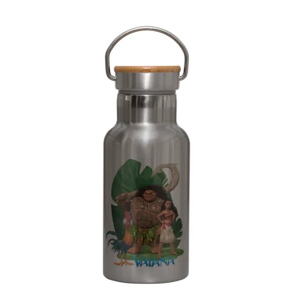 Vaiana — Stainless steel metallic thermos flask, silver with a bamboo lid, double-walled, 350ml.