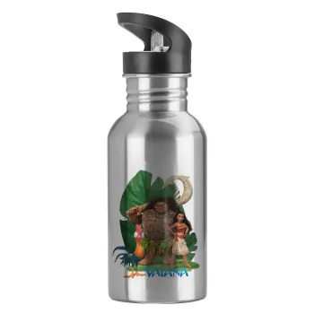 Vaiana, Water bottle Silver with straw, stainless steel 600ml