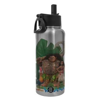 Vaiana, Metal mug thermo Silver with Straw and Spout Lid (Stainless steel), double wall, 950ml