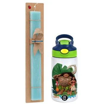 Vaiana, Easter Set, Children's thermal stainless steel bottle with safety straw, green/blue (350ml) & aromatic flat Easter candle (30cm) (TURQUOISE)