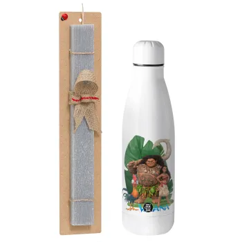 Vaiana, Easter Set, metallic stainless thermos bottle (500ml) & scented flat Easter candle (30cm) (GRAY)
