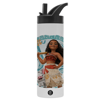 Moana, Μεταλλικό παγούρι θερμός με καλαμάκι & χειρολαβή, ανοξείδωτο ατσάλι (Stainless steel 304), διπλού τοιχώματος, 600ml