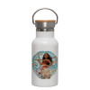 Metallic thermos (Stainless steel) White with wooden lid (bamboo), double-walled, 350ml