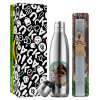 Easter Set, metallic stainless thermos flask (500ml) & scented flat Easter candle (30cm) (GRAY)