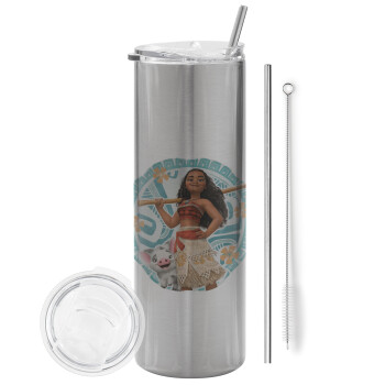 Moana, Eco friendly stainless steel Silver tumbler 600ml, with metal straw & cleaning brush