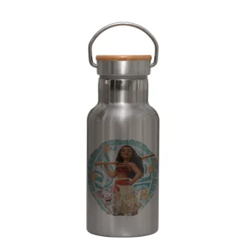 Moana, Stainless steel metallic thermos flask, silver with a bamboo lid, double-walled, 350ml.