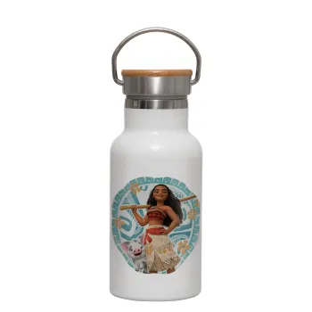 Moana, Metallic thermos (Stainless steel) White with wooden lid (bamboo), double-walled, 350ml