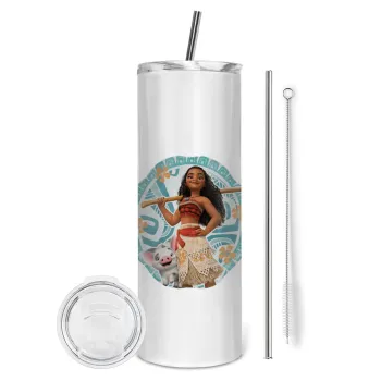 Moana, Tumbler ποτήρι θερμό από ανοξείδωτο ατσάλι 600ml, με μεταλλικό καλαμάκι & βούρτσα καθαρισμού