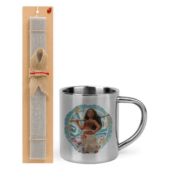 Moana, Πασχαλινή Λαμπάδα με μεταλλική κούπα θερμό (300ml) & κερί αρωματικό πλακέ (30cm) (ΓΚΡΙ)