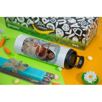 Moana, Easter candle,Travel Tumbler 2 Lids, with metal straw & cleaning brush & aromatic flat candle (30cm) (BLUE)