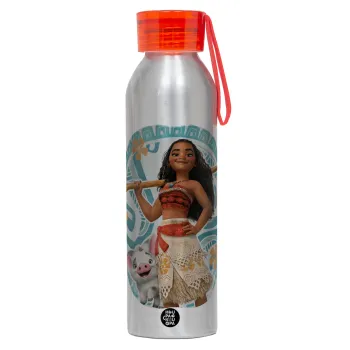 Moana, Αλουμινένιο Αθλητικό Μπουκάλι 650ml – Ασημί με Κόκκινο Καπάκι και Λουράκι Σιλικόνης