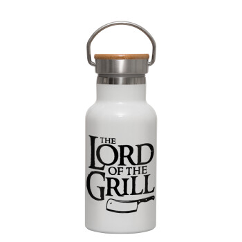 The Lord of the Grill, Μεταλλικό παγούρι θερμός (Stainless steel) Λευκό με ξύλινο καπακι (bamboo), διπλού τοιχώματος, 350ml