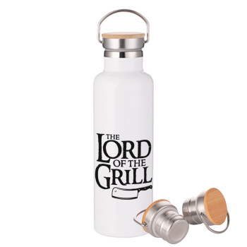 The Lord of the Grill, Μεταλλικό παγούρι θερμός (Stainless steel) Λευκό με ξύλινο καπακι (bamboo), διπλού τοιχώματος, 750ml